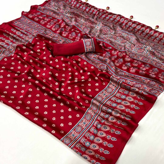 Peachmode Maroon Ajrakh Printed Satin Saree – Women's