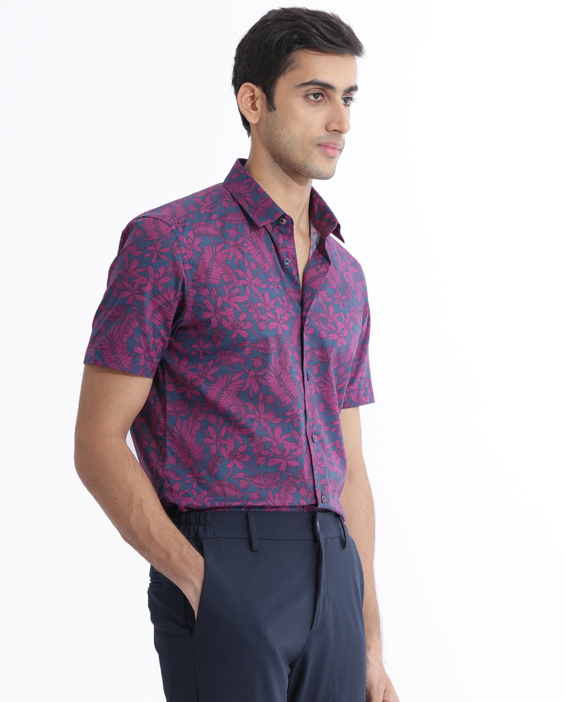 Rare Rabbit Men's Olars Navy Cotton Fabric Half Sleeves Floral Print Shirt - view 5