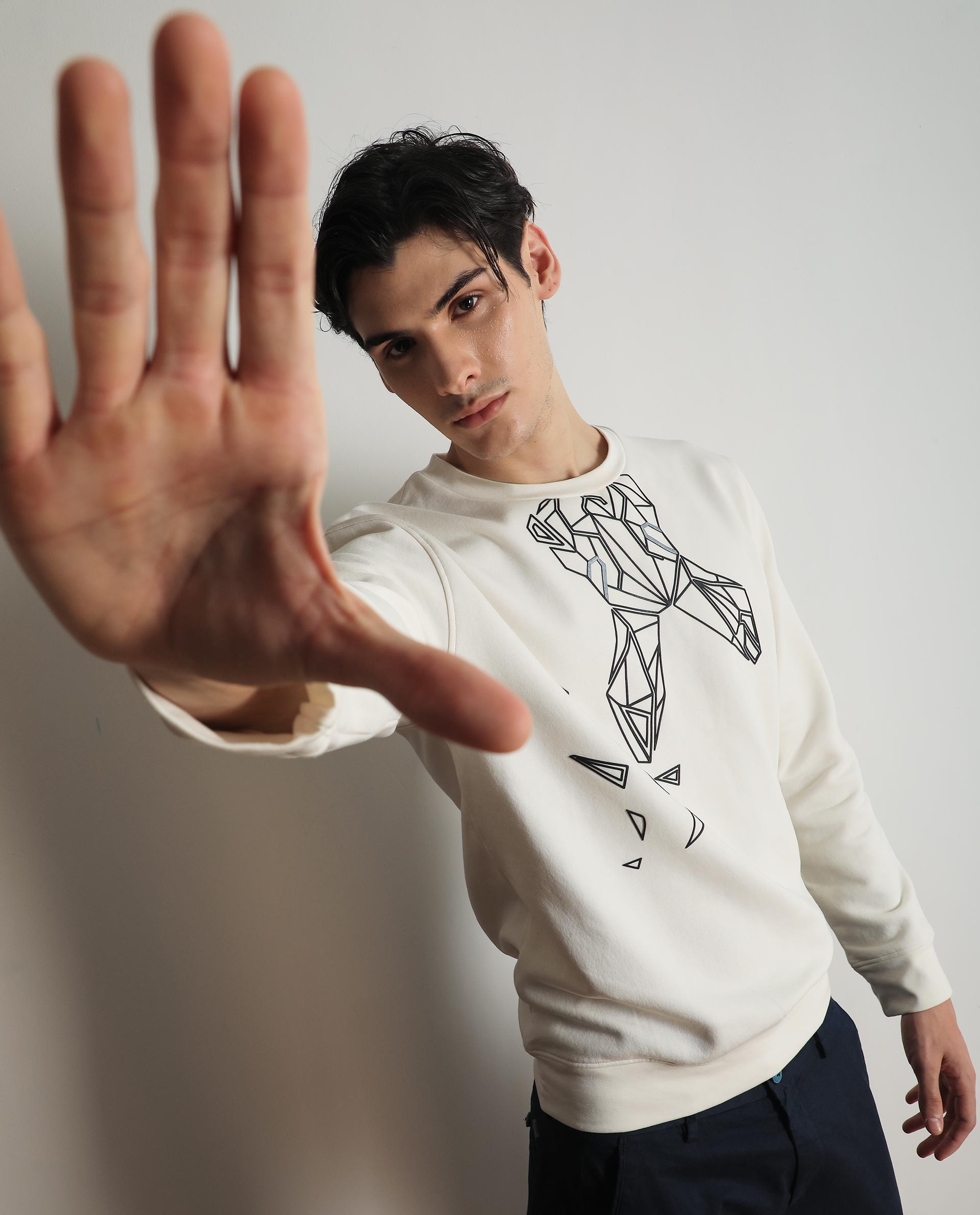 Rare Rabbit Mens Oakk Off White Full Sleeves Crew Neck Graphic Logo Print Sweatshirt - view 11
