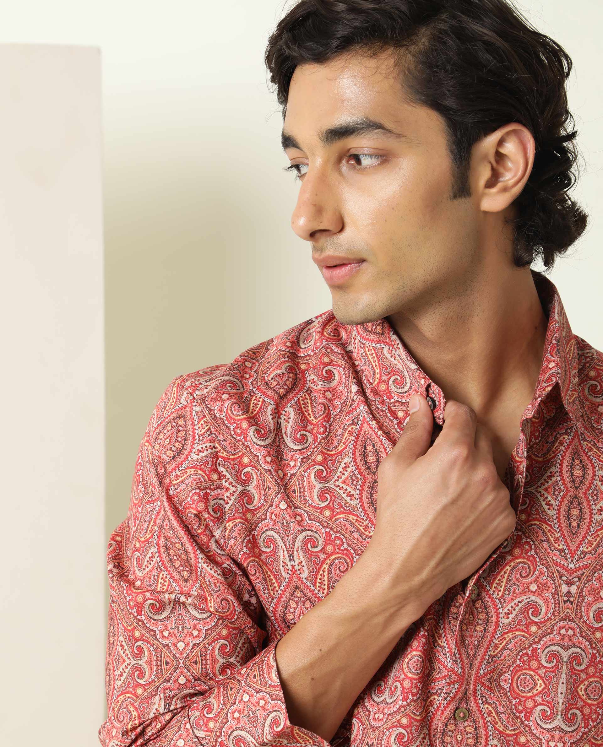 Rare Rabbit Men's Moire Red Cotton Fabric Paisley Print Full Sleeves Shirt - view 3