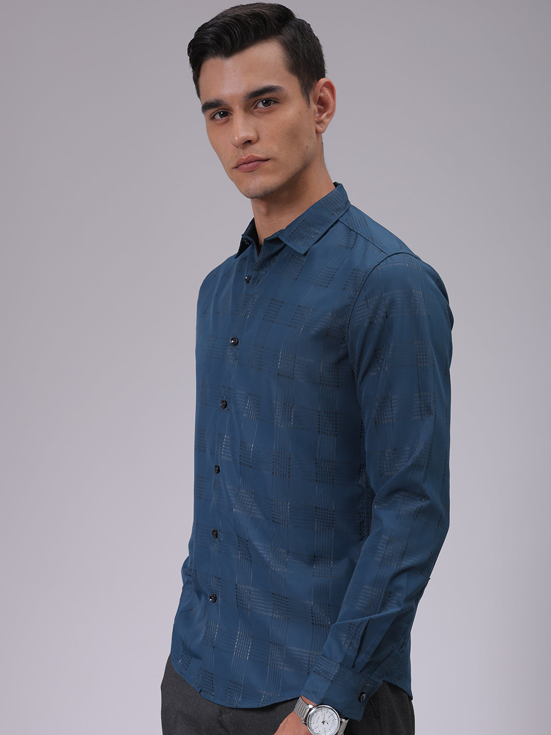 The Indian Garage Co Men's Teal Slim Fit Solid Shirt - view 3