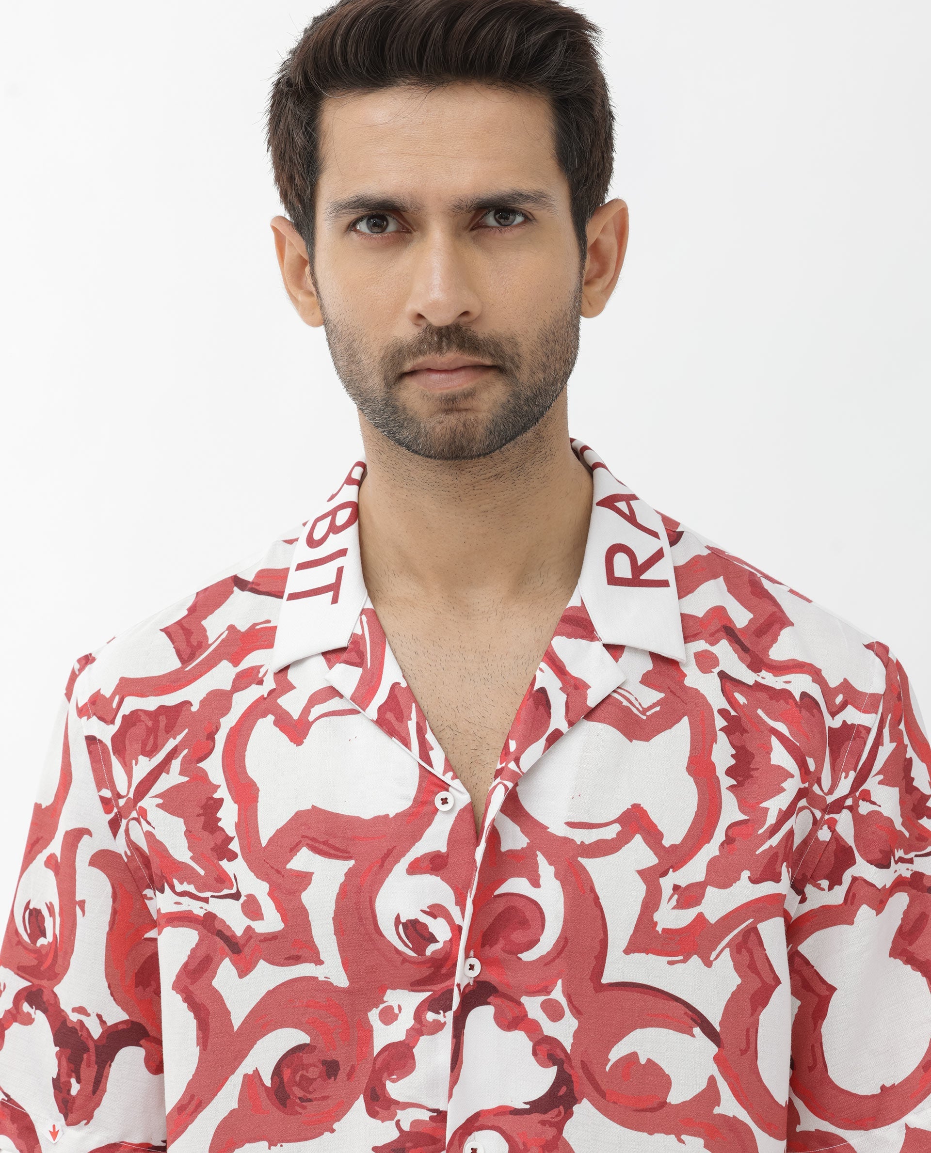 Rare Rabbit Mens Bordin Red Viscose Fabric Half Sleeves Cuban Collar Boxy Fit Abstract Print Shirt - view 4