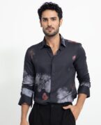 Rare Rabbit Men's Tulson Black Cotton Modal Fabric Floral Print Full Sleeves Shirt