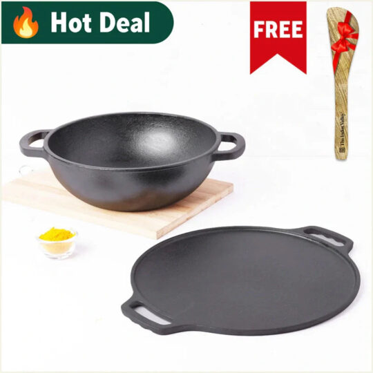 The Indus Valley CASTrong Thick Cast Iron Kadai+Tawa+Free ₹110 Spatula,Kitchen set for Home, Pre-seasoned,100% Pure,Toxin-free