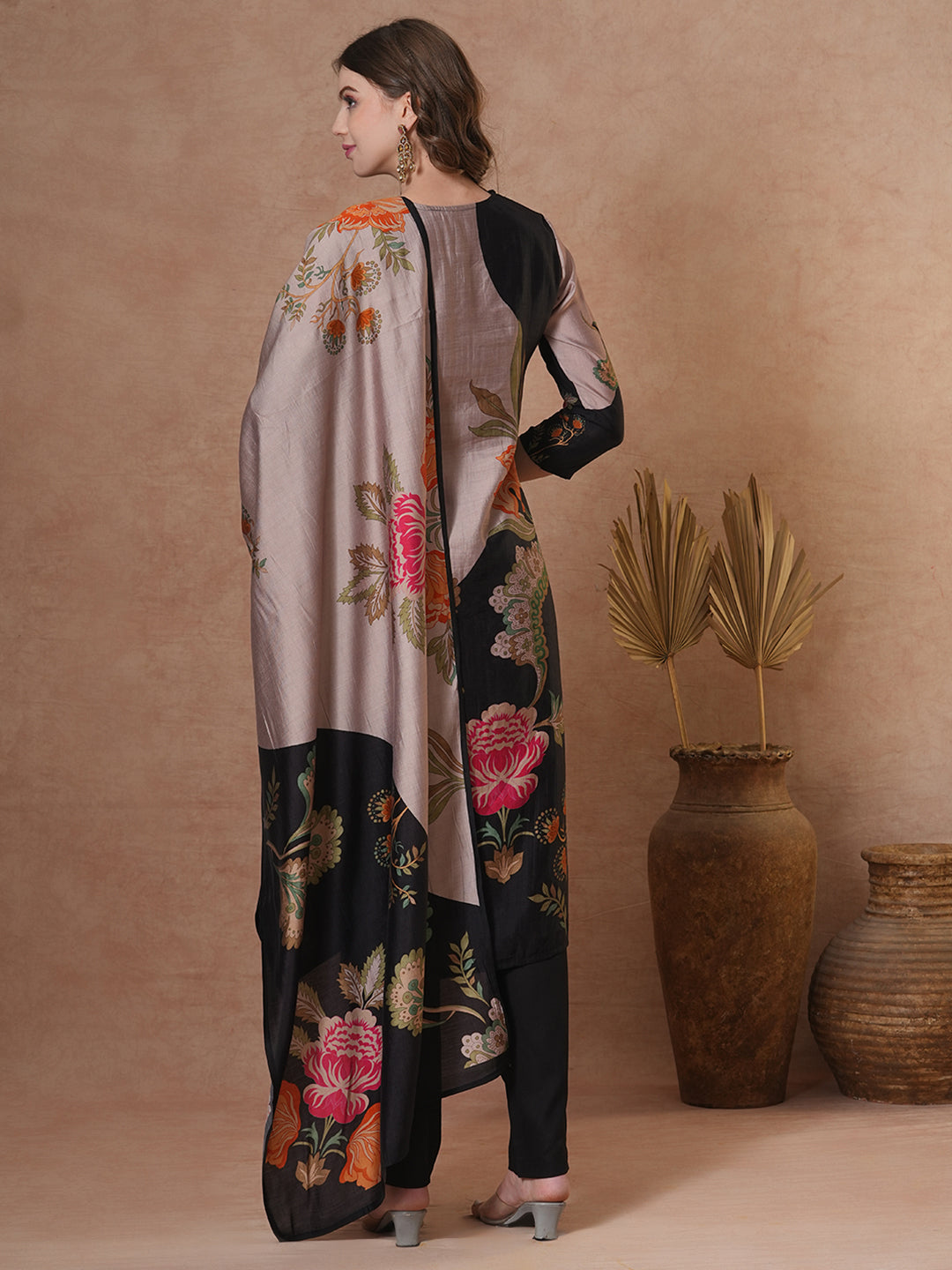 FASHOR Floral Printed & Embroidered Straight Fit Kurta with Pant and Dupatta - Black - view 6