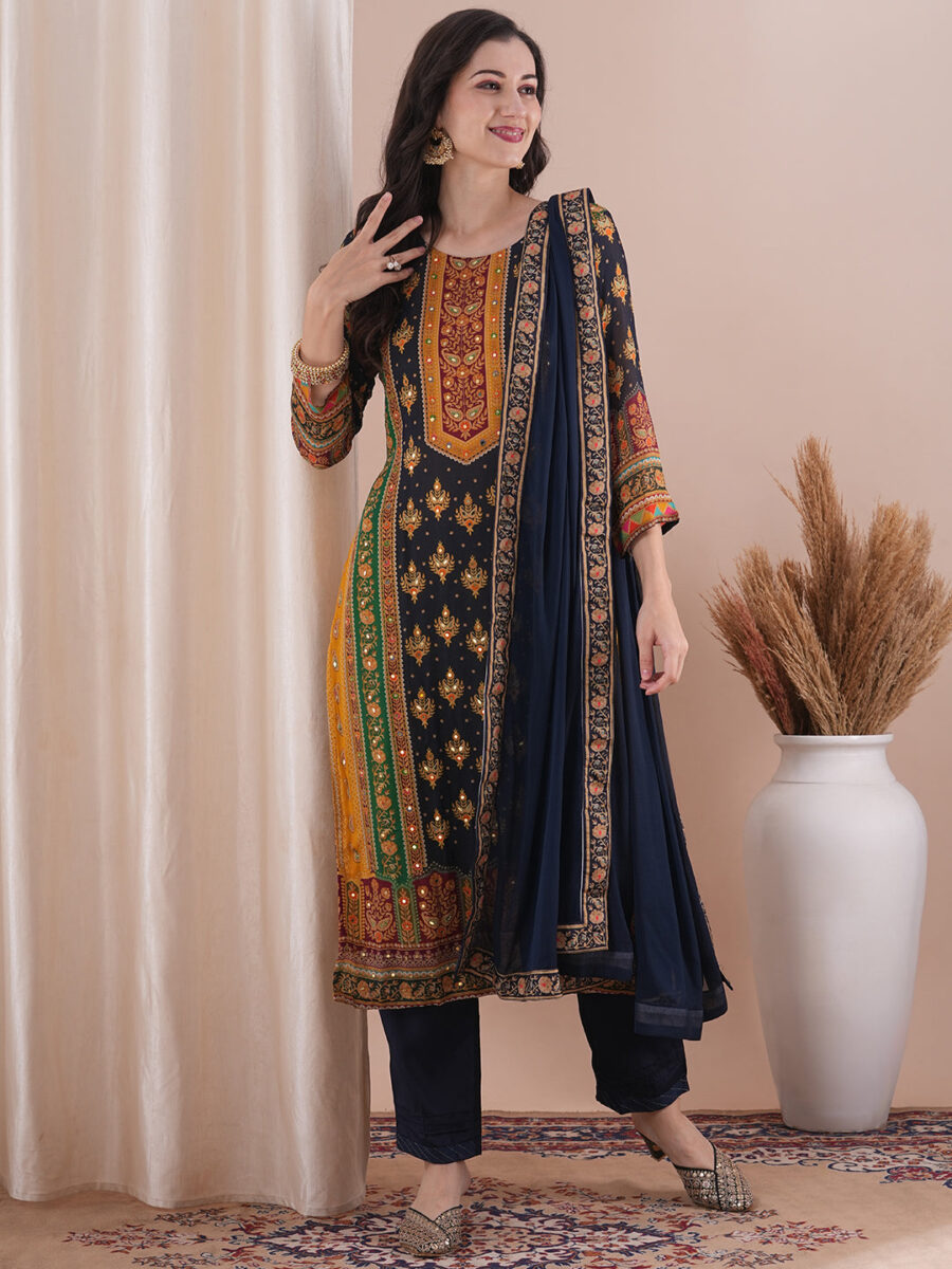 FASHOR Ethnic Printed & Embroidered Straight Fit Kurta with Pant and Dupatta - Multi