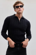 SNITCH Black Zipper Knitted Polo T-Shirt