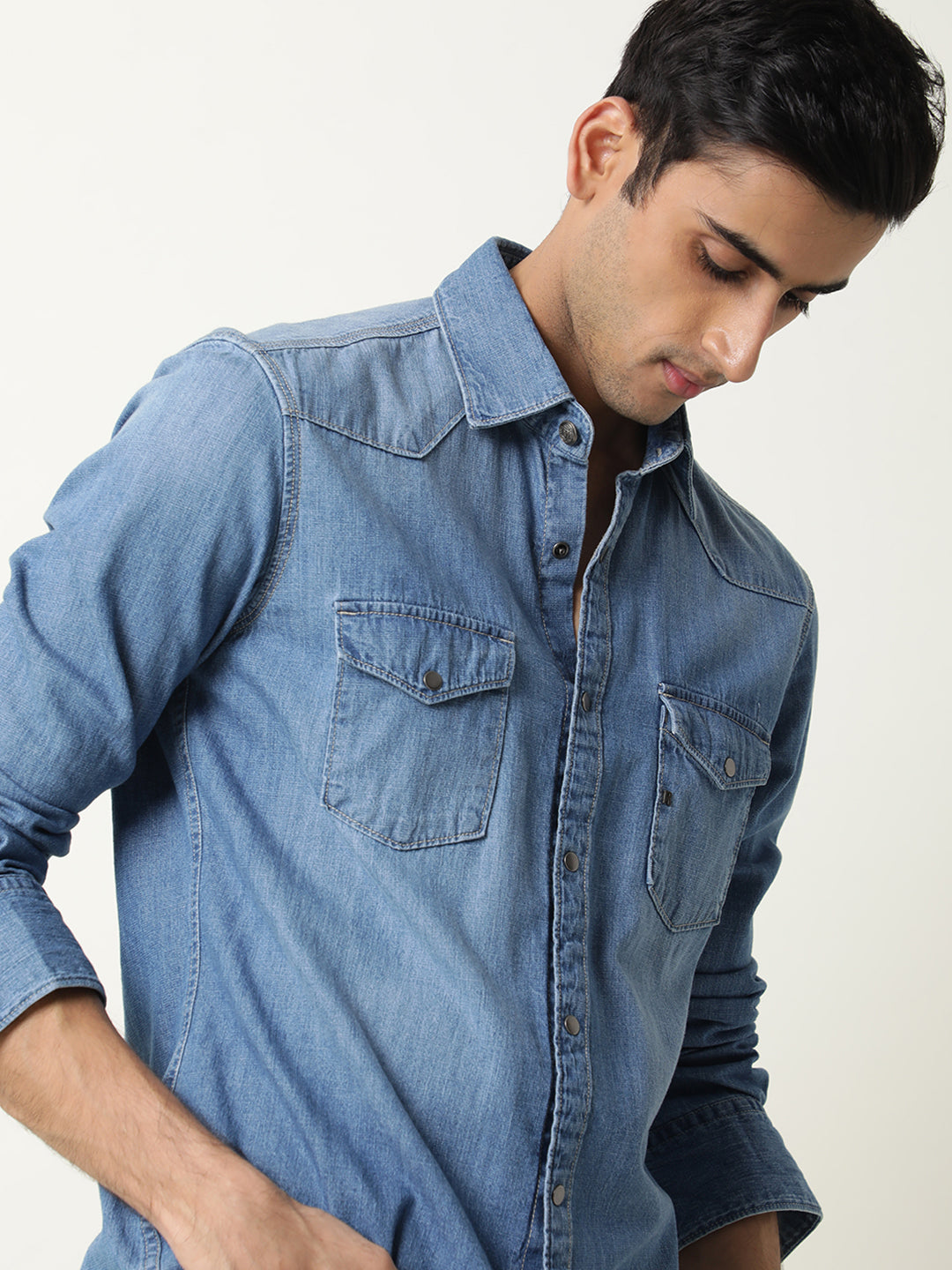 Rare Rabbit Men's Taison Light Blue Full Sleeves Denim Shirt - view 5