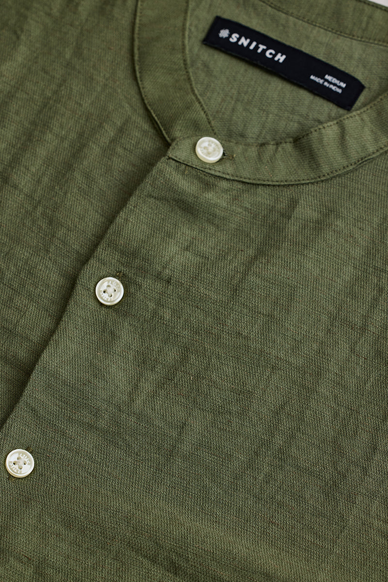 SNITCH Olive Mandarin Linen Blend Shirt - view 2
