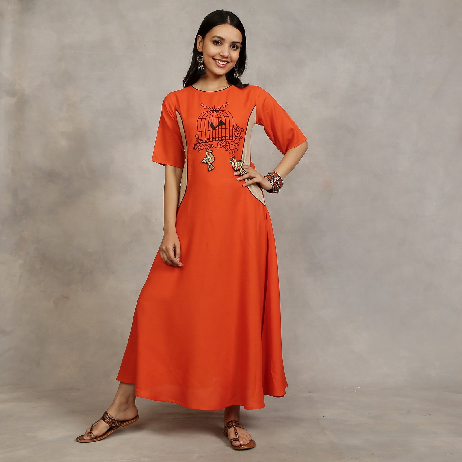 BlackTree Orange and Beige Embroidered Princess Panel Dress - view 4