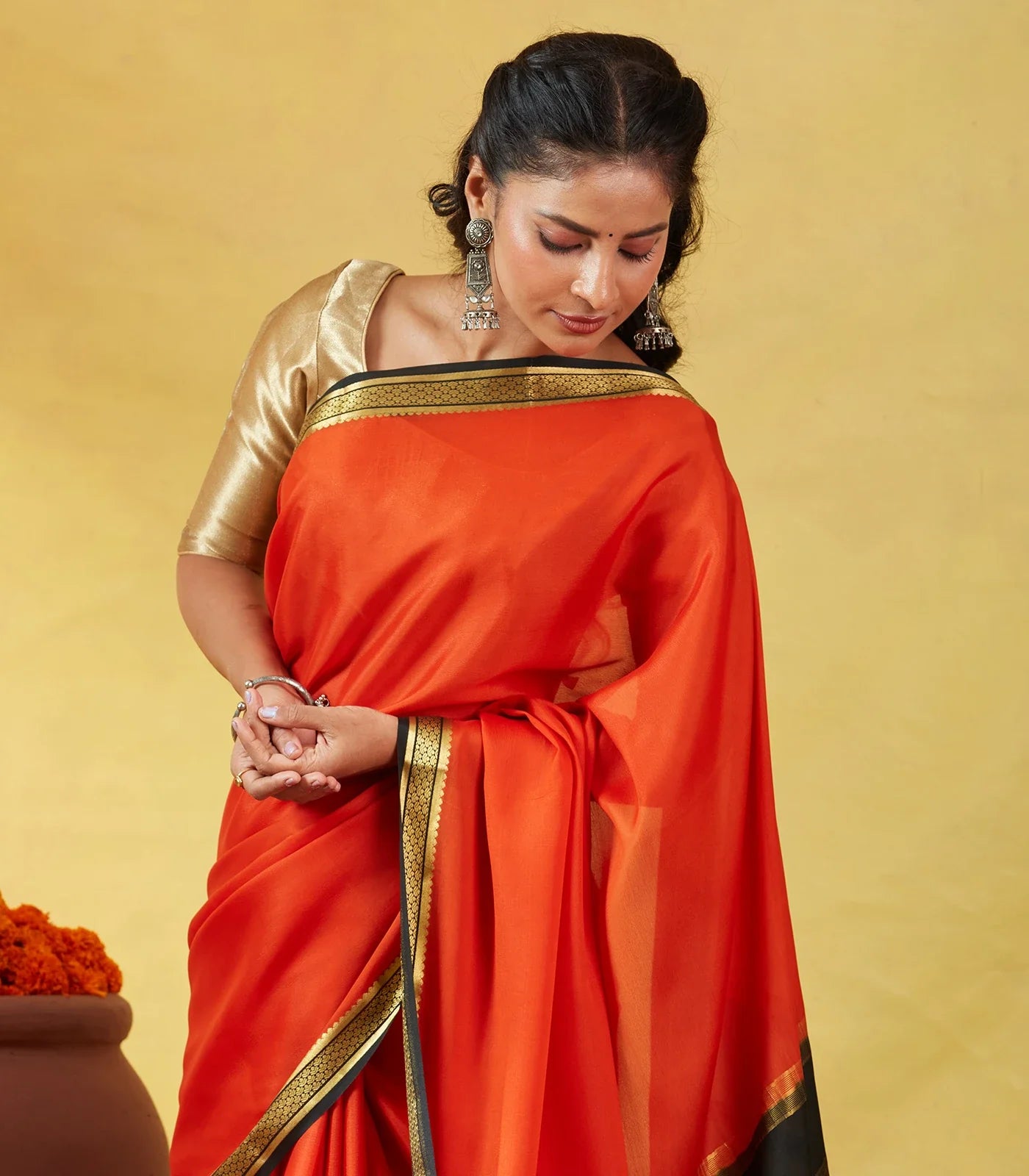 RmKV Orange Mysore Plain Crepe Silk Saree With Black Border - view 4