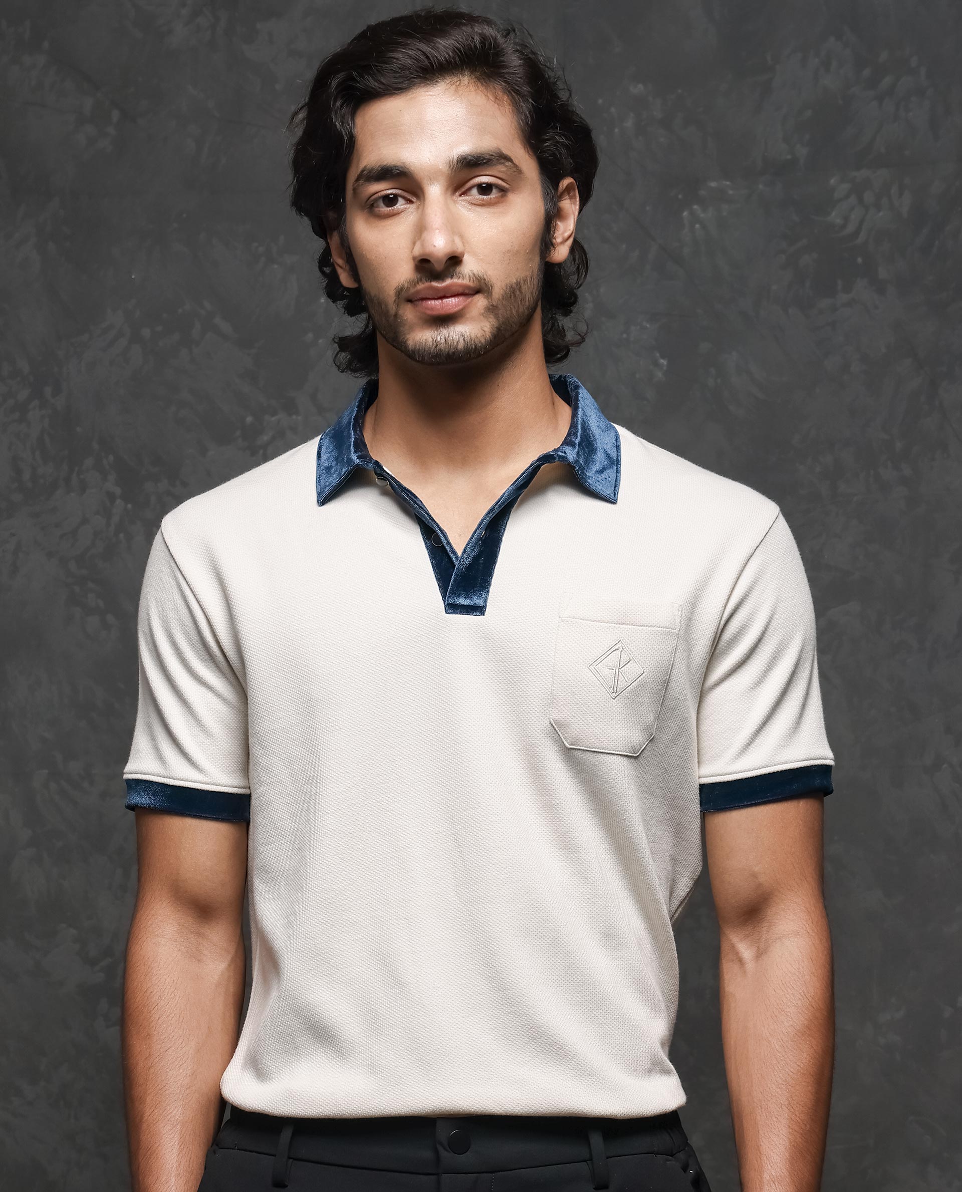 Rare Rabbit Men's Danil Off-White Cotton Fabric Contrast Detailing Velvet Collar And Sleeve Half Sleeve Polo T-Shirt - view 4