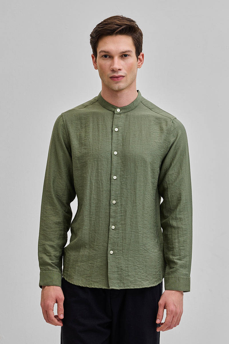 SNITCH Olive Mandarin Linen Blend Shirt - view 6