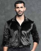 Rare Rabbit Men's Valve Black Velvet Fabric Full Sleeves Solid Shirt