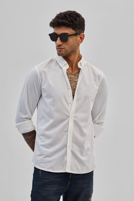 SNITCH White Slim Fit Corduroy Shirt