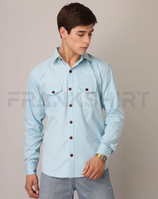 BlackTree Frankshirt Double Pocket Light Blue Solid Tailored Fit Cotton Casual Shirt for Man - view 2