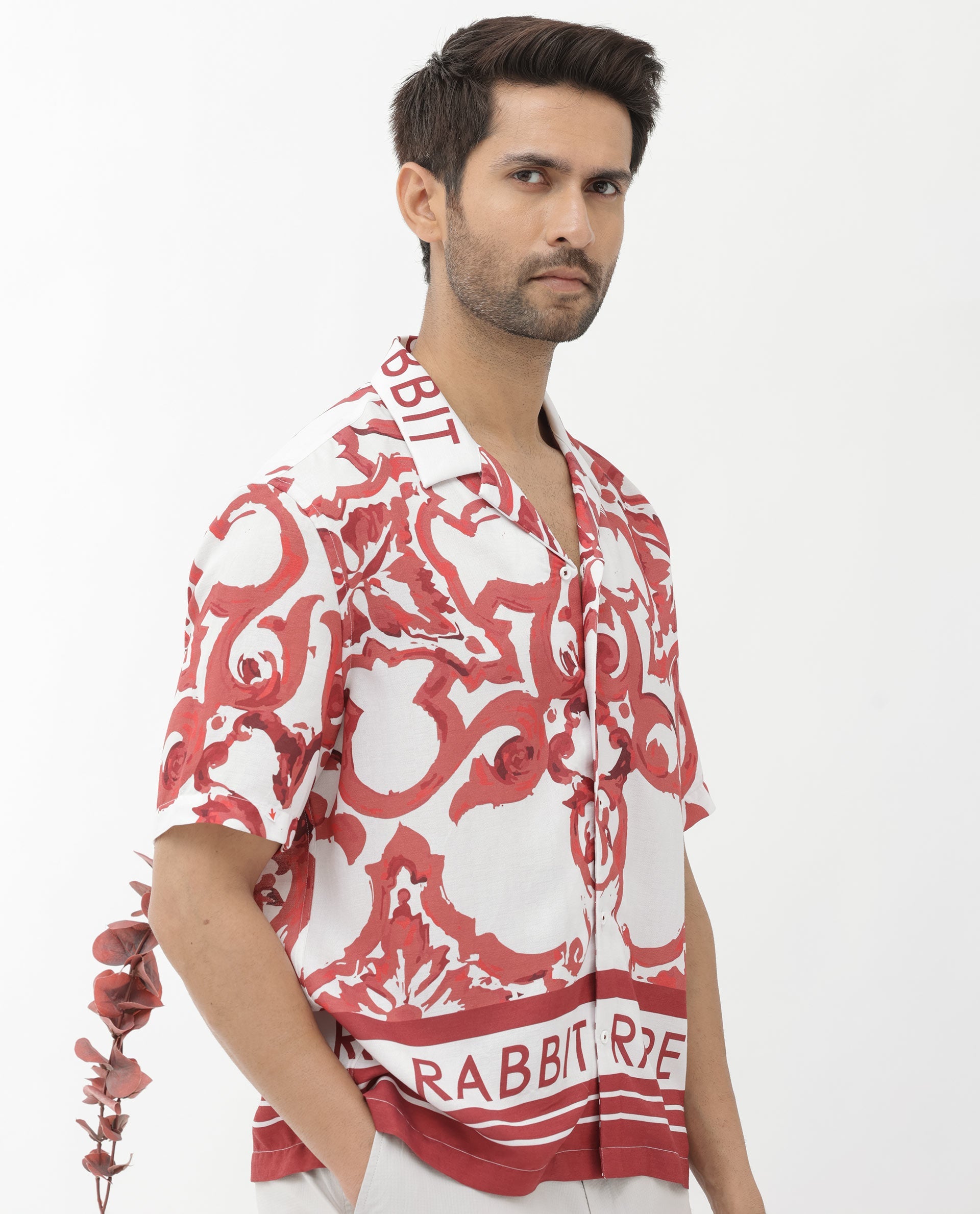 Rare Rabbit Mens Bordin Red Viscose Fabric Half Sleeves Cuban Collar Boxy Fit Abstract Print Shirt - view 3