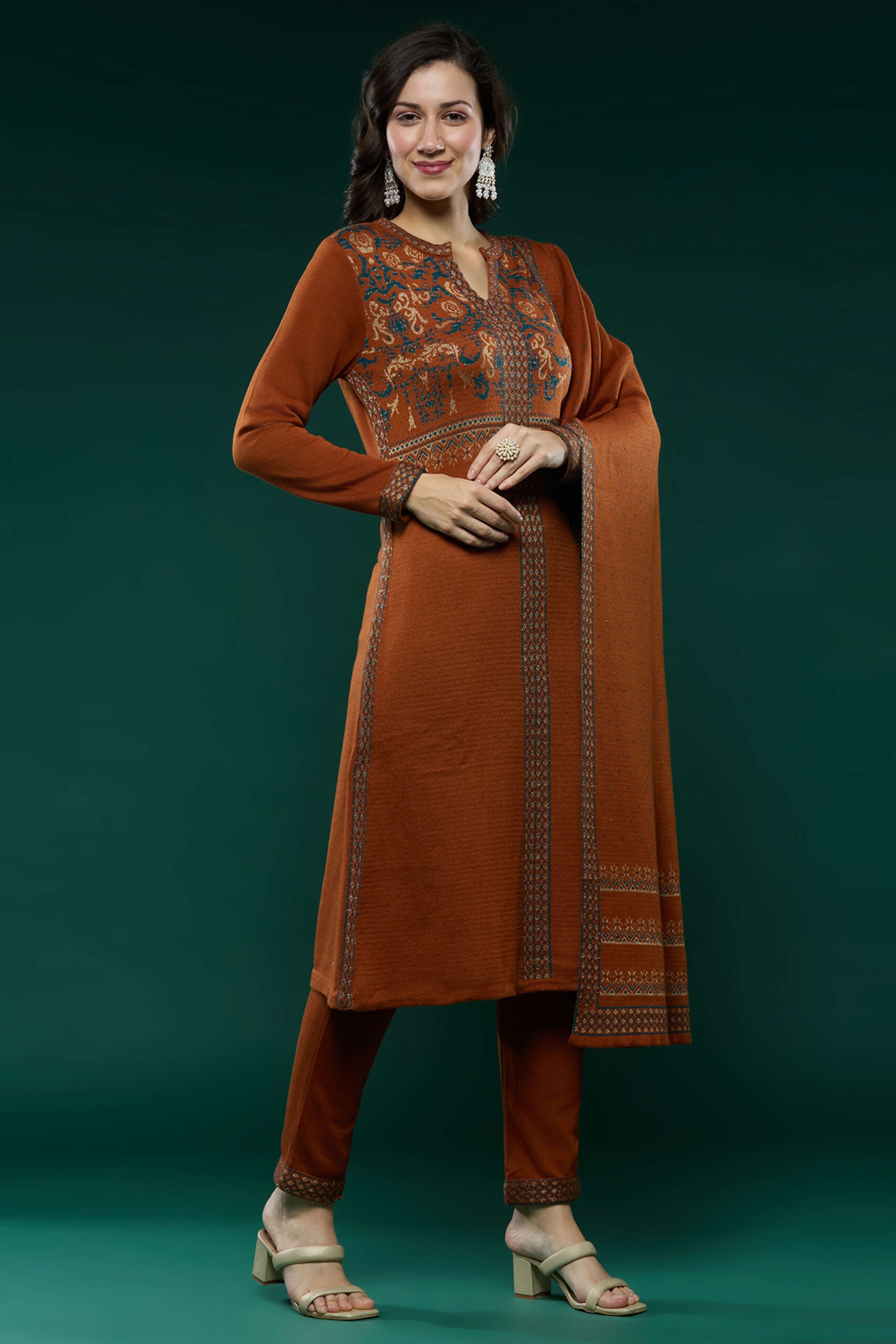 Peachmode Dark Rust Floral Woolen Salwar Suit - view 5