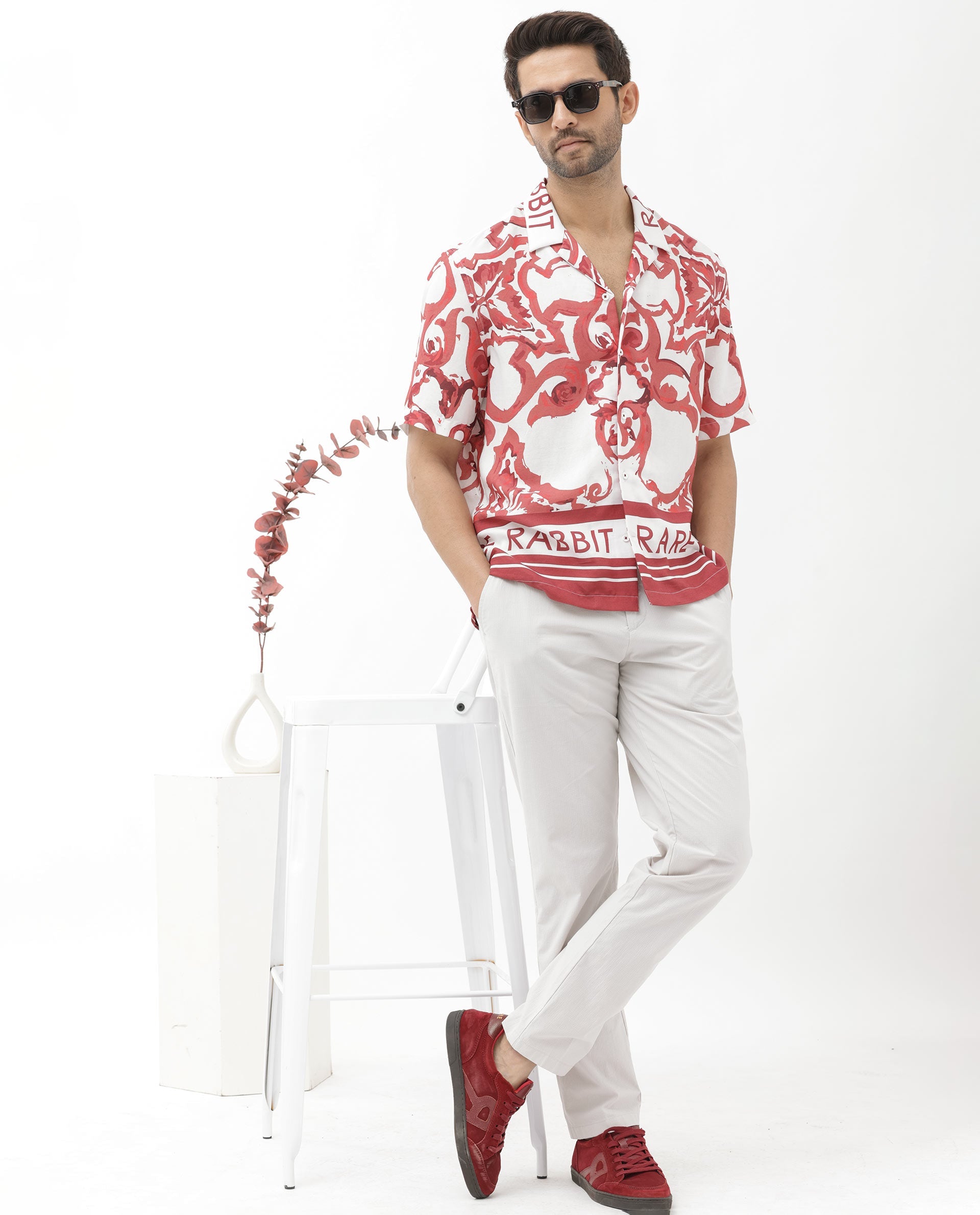 Rare Rabbit Mens Bordin Red Viscose Fabric Half Sleeves Cuban Collar Boxy Fit Abstract Print Shirt - view 2
