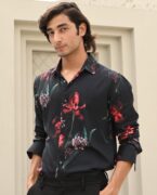Rare Rabbit Men's Stock Black Viscose Fabric Floral Print Full Sleeves Shirt