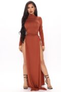 BlackTree Slitsation Long Sleeve Maxi Dress - Rust.