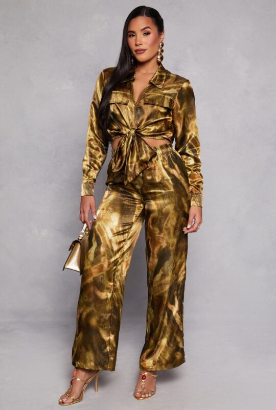 Rainbow Shops Satin Printed Crop Top and Pants Set