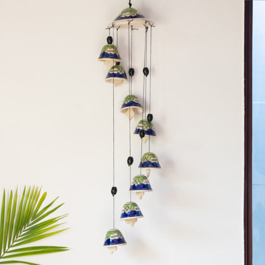 EXCLUSIVELANE 'Blossoming Symphonies' Handpainted Decorative Hanging Bells Wind Chime In Ceramic (24 Inch)