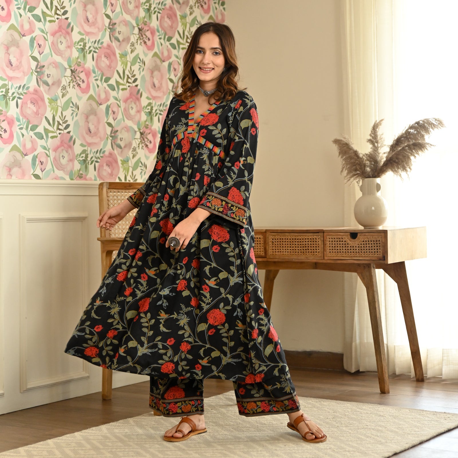 BlackTree Black Front Gathered Kurta Pant Set - view 3