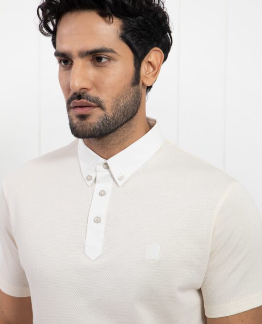 Rare Rabbit Men's Parmat Light Beige Cotton Fabric Collared Neck Half Sleeves Woven Textured Popcorn Polo T-Shirt - view 2