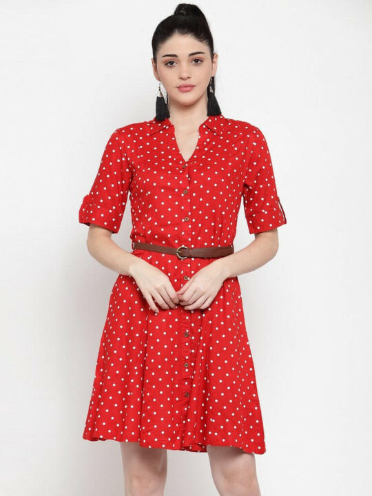 BlackTree Red Cotton Polka Dots Dress..