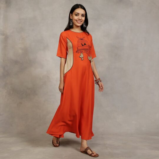 BlackTree Orange and Beige Embroidered Princess Panel Dress - view 2