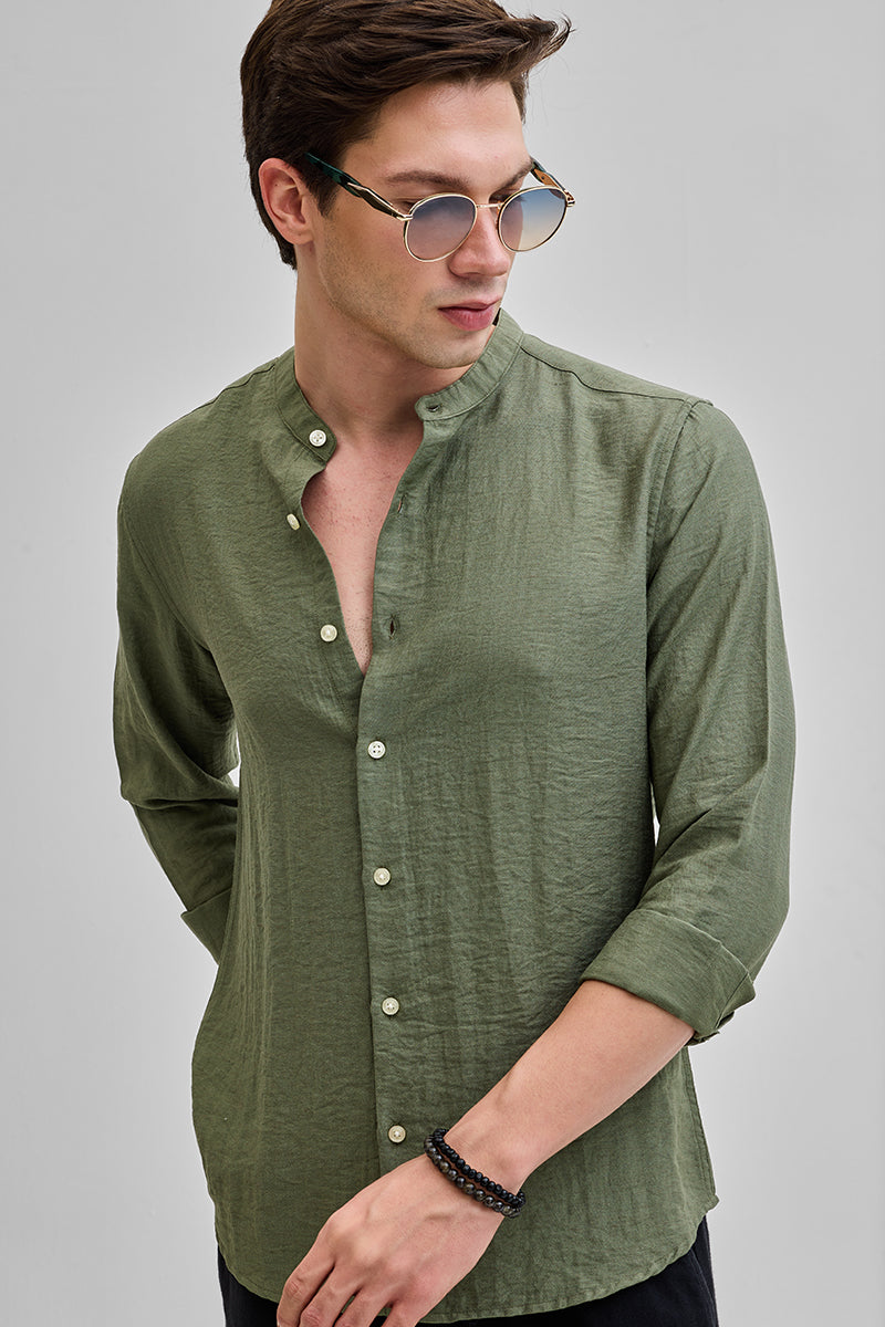 SNITCH Olive Mandarin Linen Blend Shirt - view 5