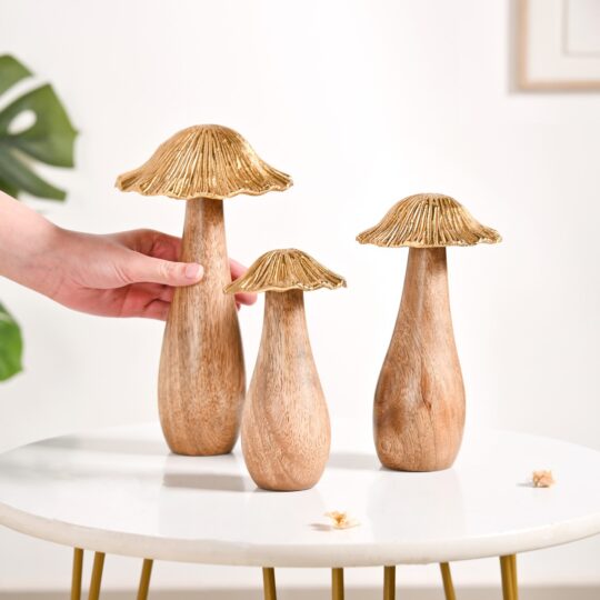 Nestasia Gold Mushrooms Wooden Decor Showpieces Set Of 3 - view 2