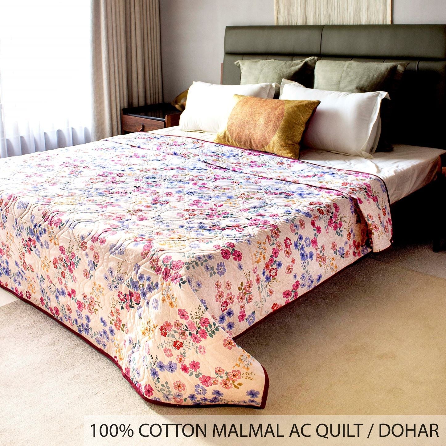 Urban Space -Home Furnishing Store 100% Malmal Cotton Blanket, Dohar, Quilt for AC and Light Winters - Pink Floral 3 - view 4