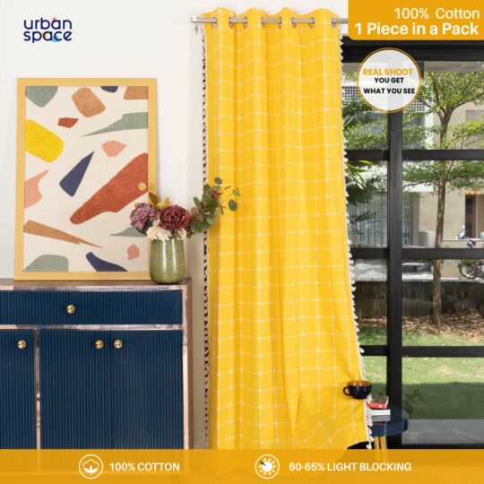 Urban Space -Home Furnishing Store Premium 100% Cotton Embroidery Curtain for Window & Door - Pack of 1 Curtain, Aura Yellow Checks - view 2