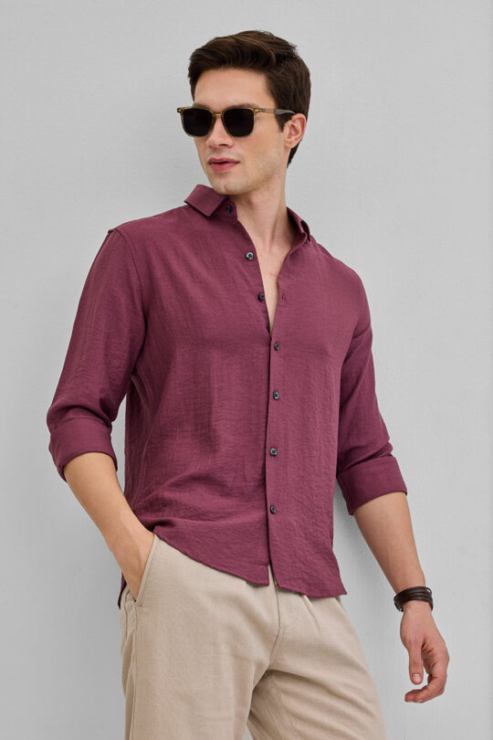 SNITCH Mauve Textured Linen Blend Shirt