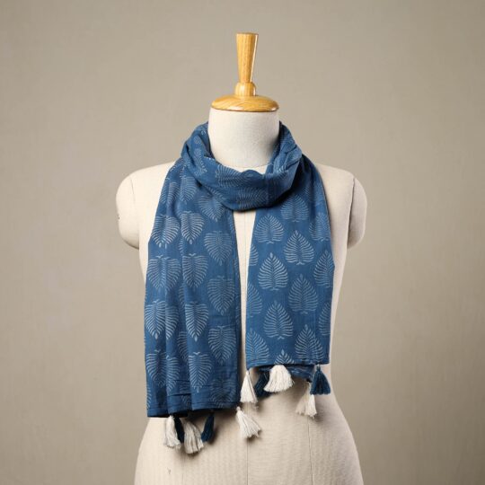 HAVELI CHRONICLES Blue - Block Print Cotton Sanganeri Stole with Tassels 87