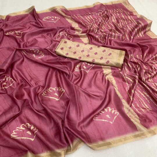 Peachmode Light Wine Printed Tussar Silk Saree