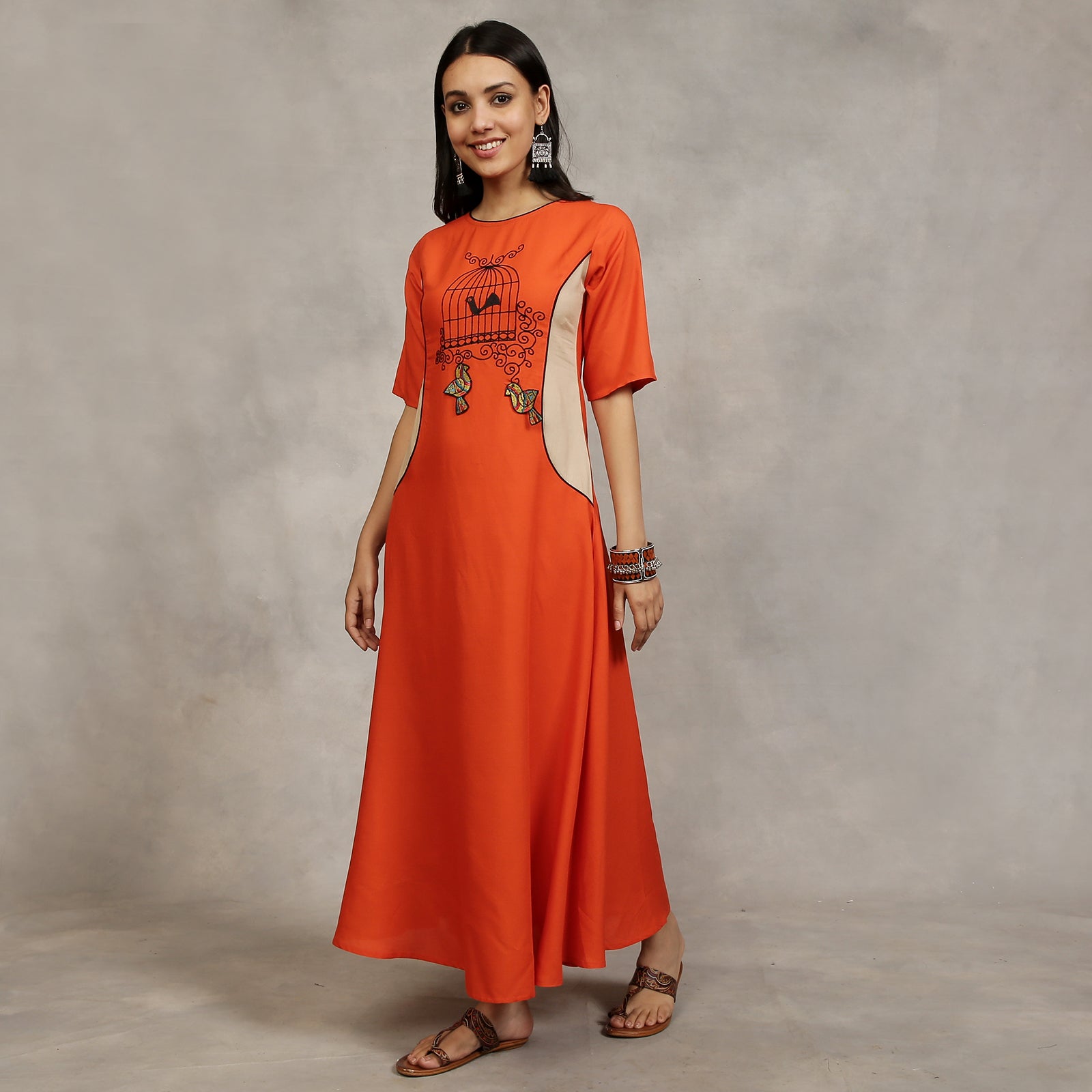BlackTree Orange and Beige Embroidered Princess Panel Dress - view 5