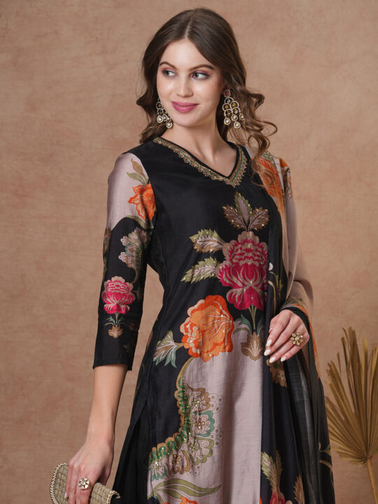 FASHOR Floral Printed & Embroidered Straight Fit Kurta with Pant and Dupatta - Black - view 2