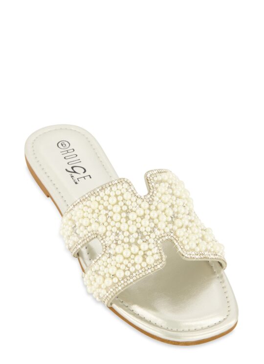 Rainbow Shops Faux Pearl Rhinestone H Band Slide Sandals