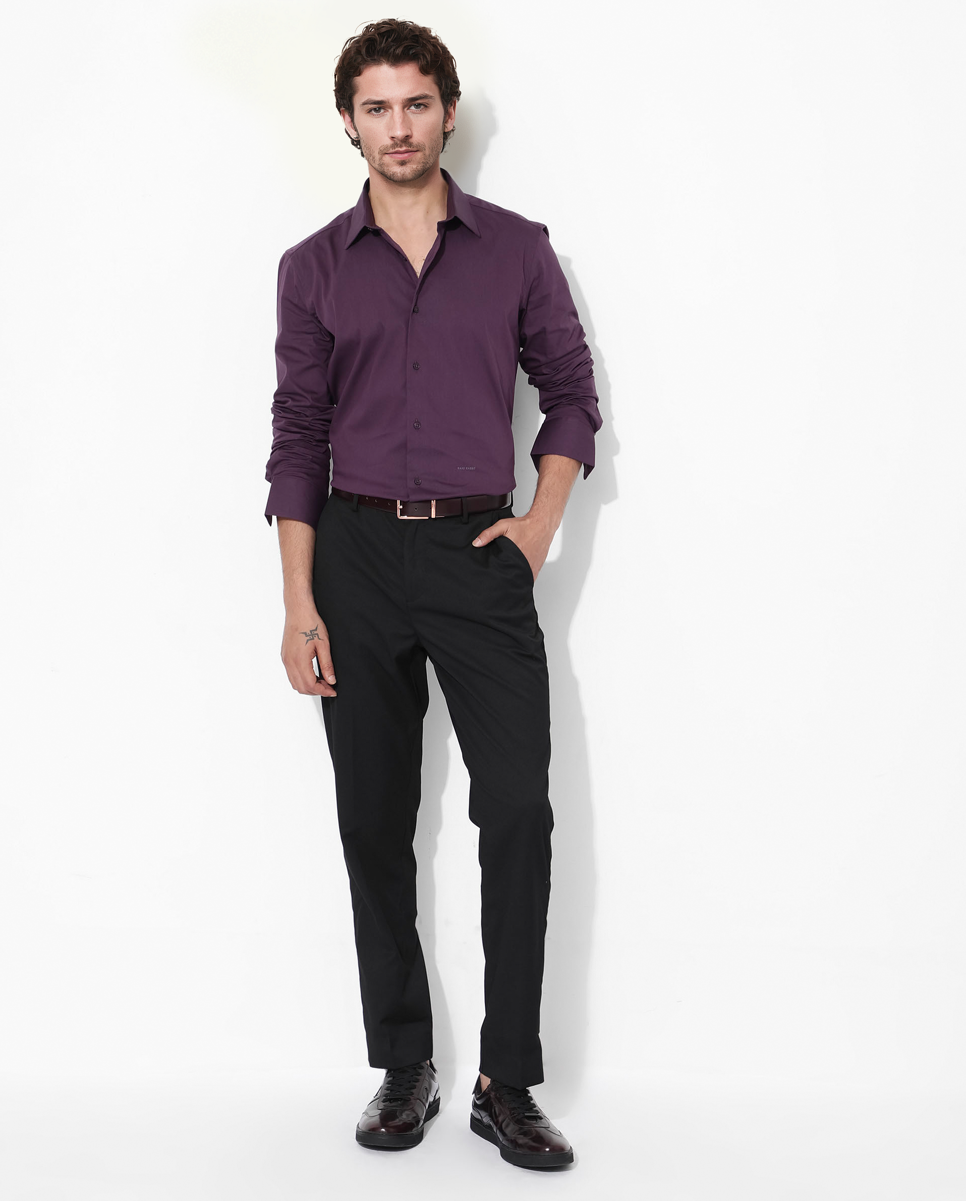 Rare Rabbit Men's Benedict Dark Purple Cotton Poly Elastane Blend Fabric Full Sleeve Solid Formal Shirt - view 2
