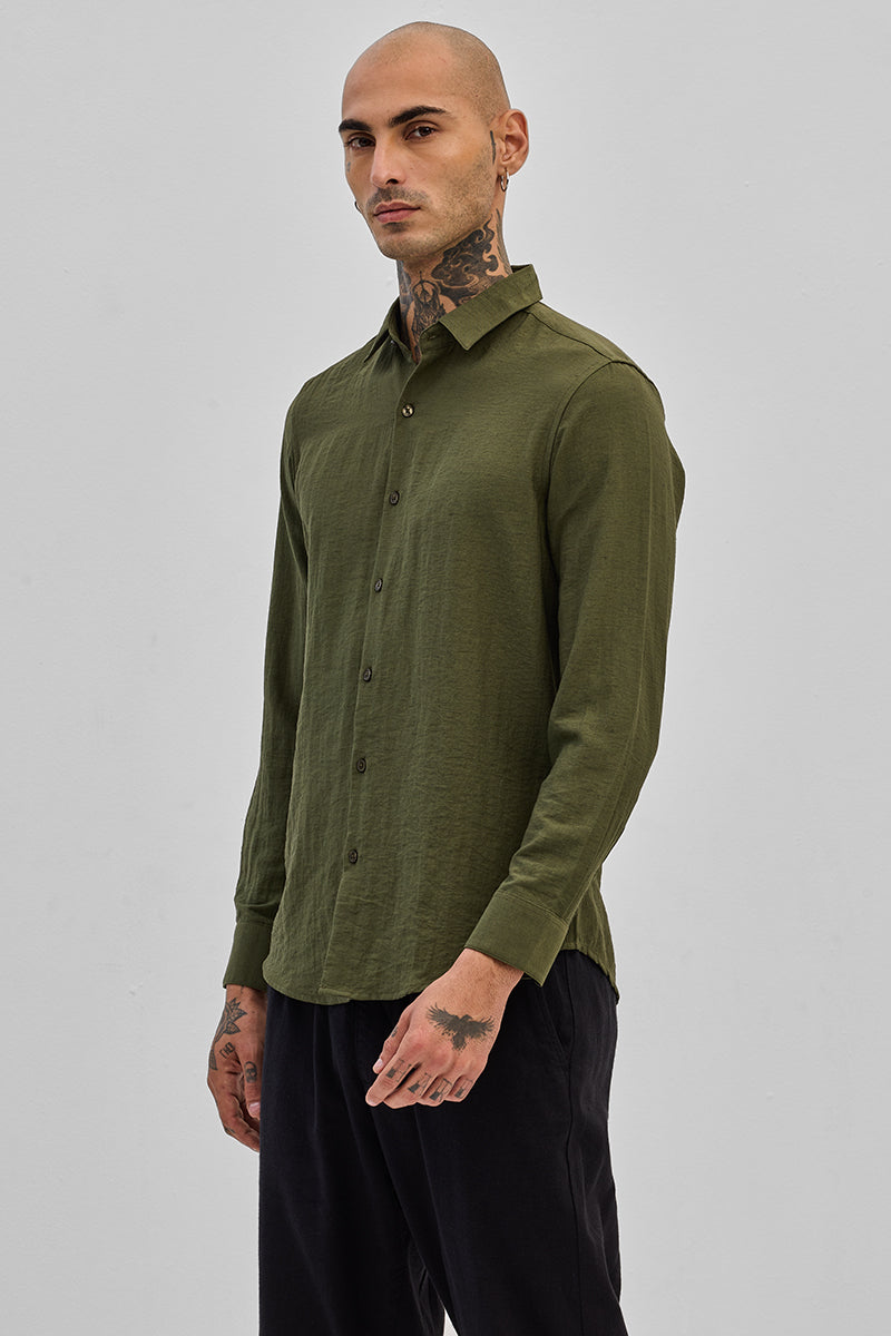 SNITCH Olive Slim Fit Linen Shirt - view 6
