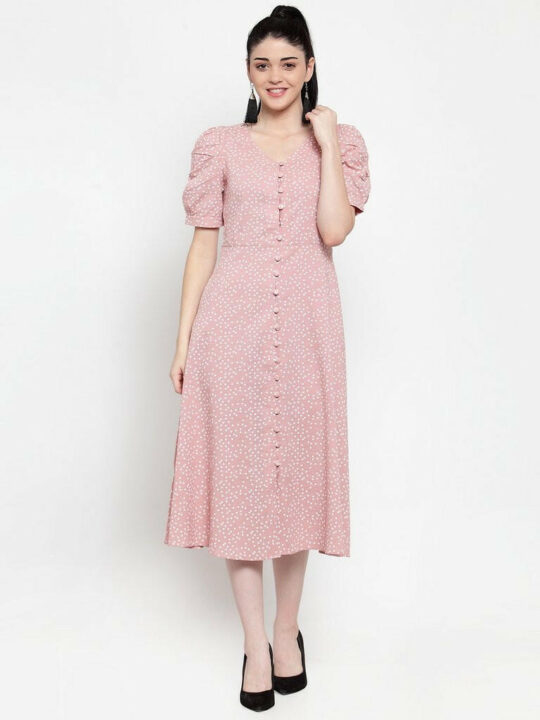 Women Pink Cotton Polka Dots Dress..