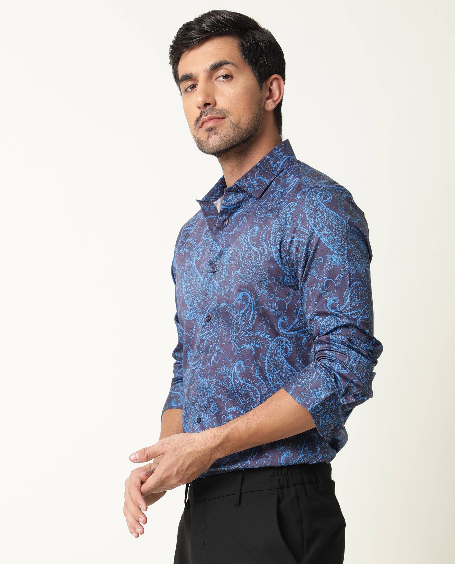 Rare Rabbit Men's Enchan Navy Cotton Fabric Paisley Print Full Sleeves Shirt - view 3