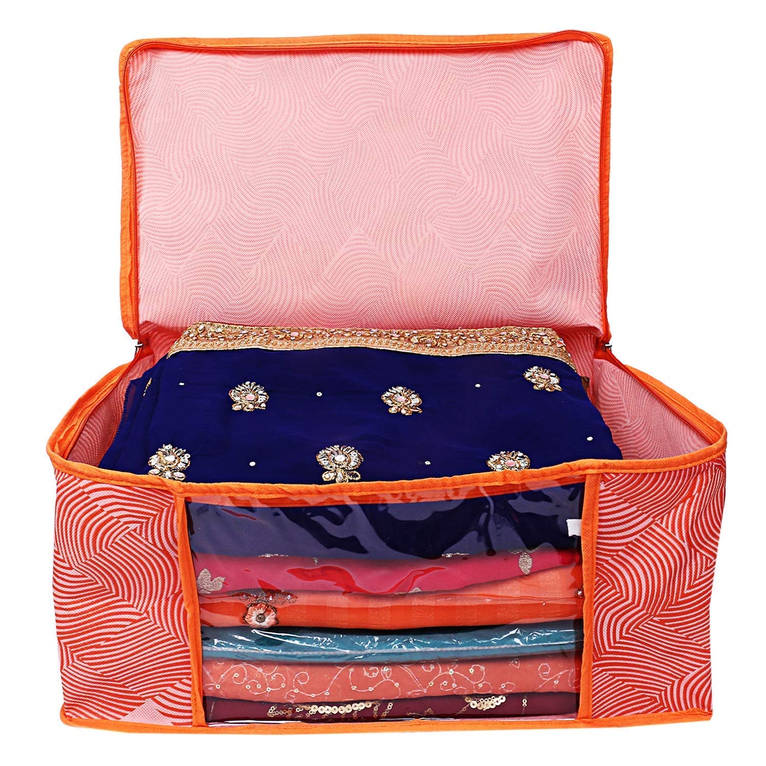 Heart Home Lahariya Design Non-woven Foldable Saree Cover/Clothes Storage Bag/Wardrobe Organizer With Transparent Window- Pack of 3 (Orange)-44HH0377 - view 4