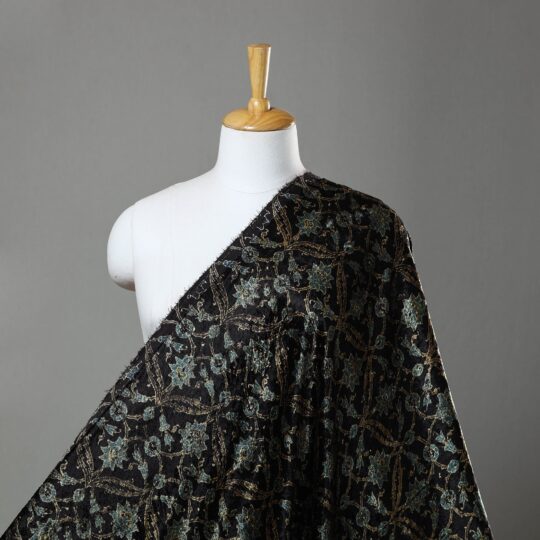 AJRAKH BY JABBAR KHATRI Black - Block Printed Velvet Natural Dyed Ajrakh Fabric 01