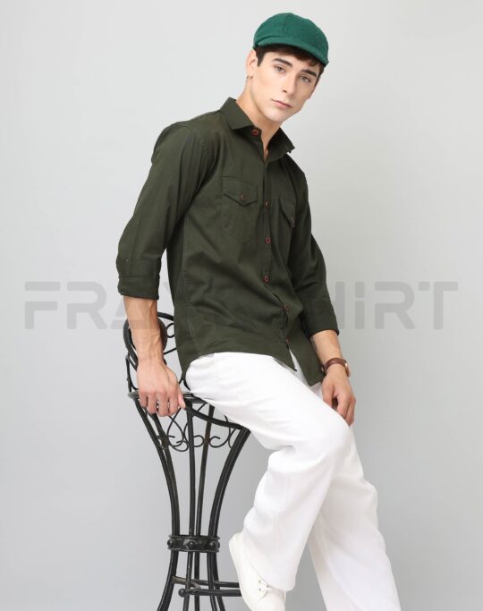 BlackTree Frankshirt Double Pocket Bottle Green Solid Tailored Fit Cotton Casual Shirt for Man - view 2