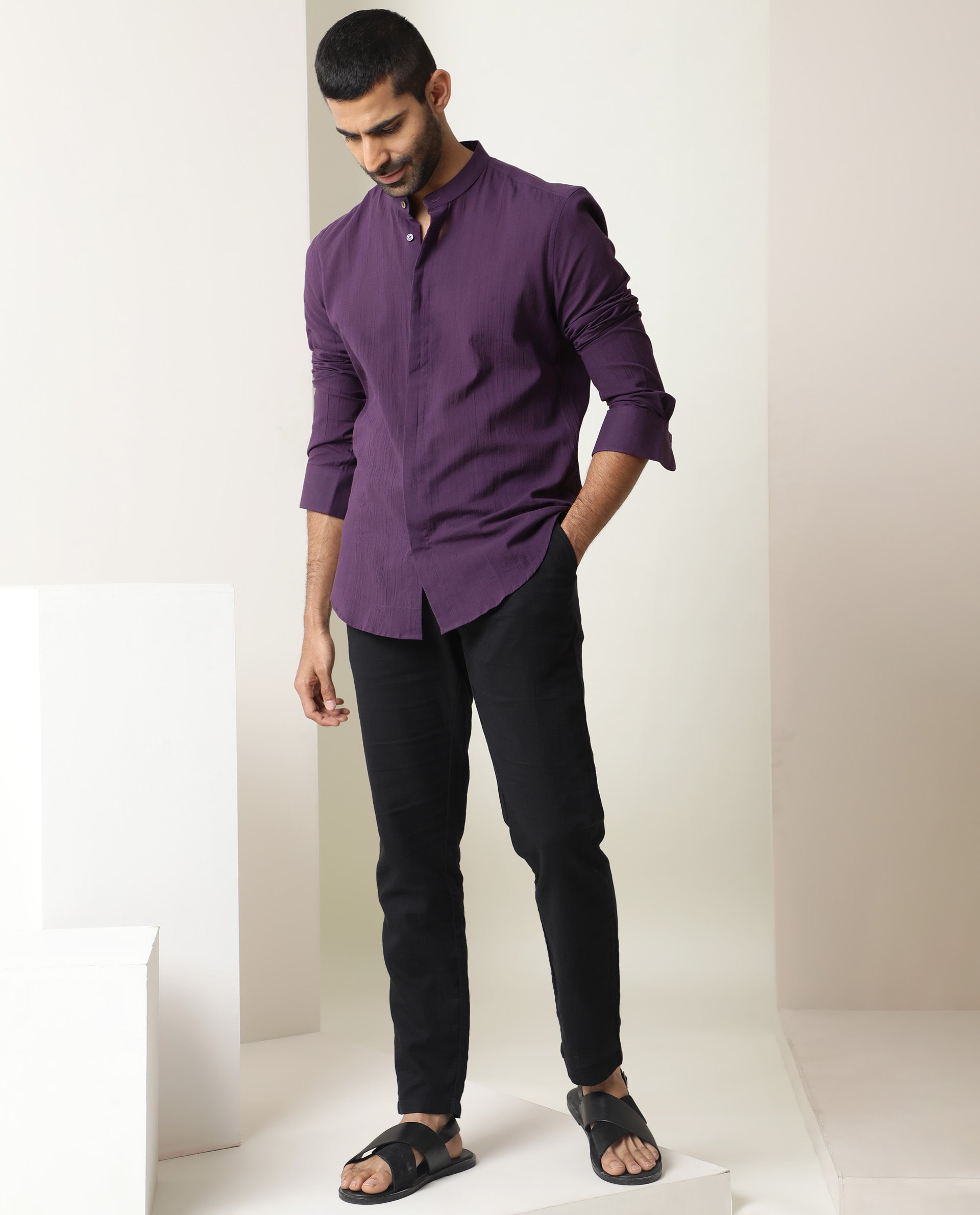 Rare Rabbit Men's Crinckle Purple Cotton Fabric Mandarin Collar Full Sleeves Solid Shirt - view 6