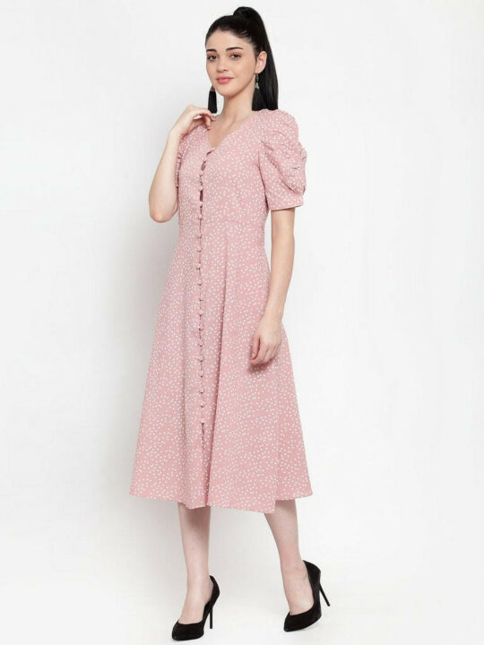 Women Pink Cotton Polka Dots Dress..